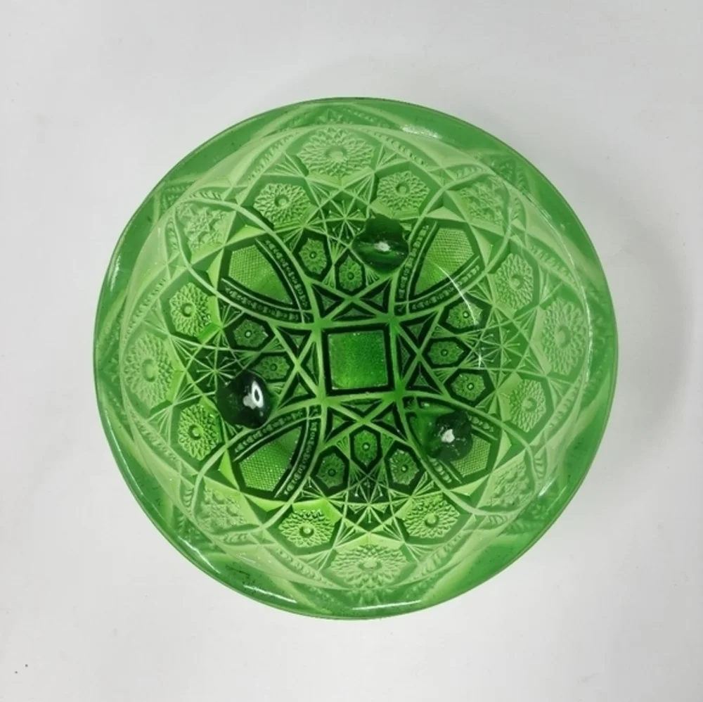 Vintage Jeannette Glass 3‎ Footed Bowl Green Ombre Flash With Hobster Pattern
